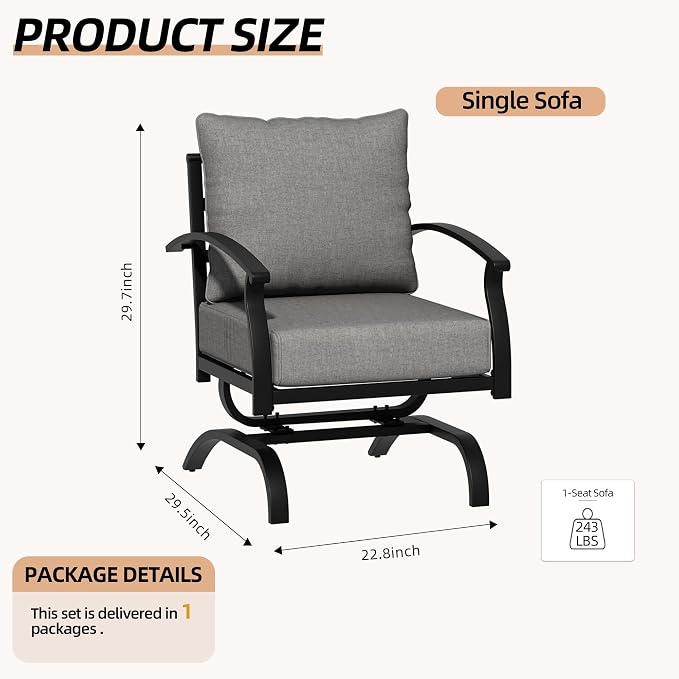 Kurapika 2 Pieces Patio Furniture Set, Outdoor Metal Rocking Chair, Patio Bistro Set Rocker with Thickened Cushions for Porch Garden Deck, Grey