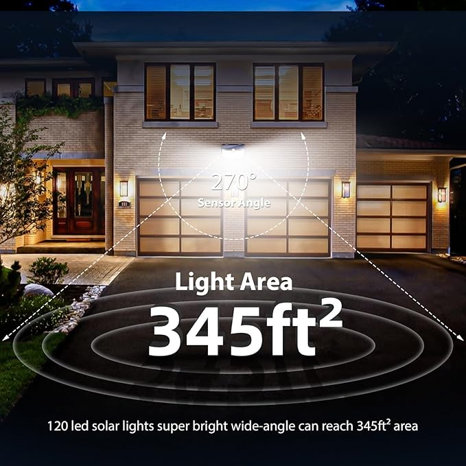 HMCITY Solar Lights Outdoor 120 LED with 3 Lighting Modes, Motion Sensor Wall Lights,IP65 Waterproof Solar Powered for Garden Patio Yard (Back Button 2Packs, Black Shell-Daylight White)