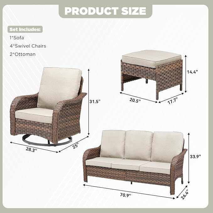 7 PCS Patio Furniture Set, Outdoor Wicker Sofa & 4 Swivel Rocking Chairs with 2 Ottomans, 4-Inch Thick Olefin Cushions, 300 lbs Capacity Rattan Conversation Set for Porch, Beige