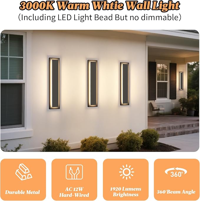 24 in Black Outdoor Wall Light,Exterior Light Porch Light, 4 Packs | Modern LED Outdoor Wall Sconce For House,Front Porch,Garage,Patio,Included LED 3000K Warm White 24W Light Bead,Waterproof