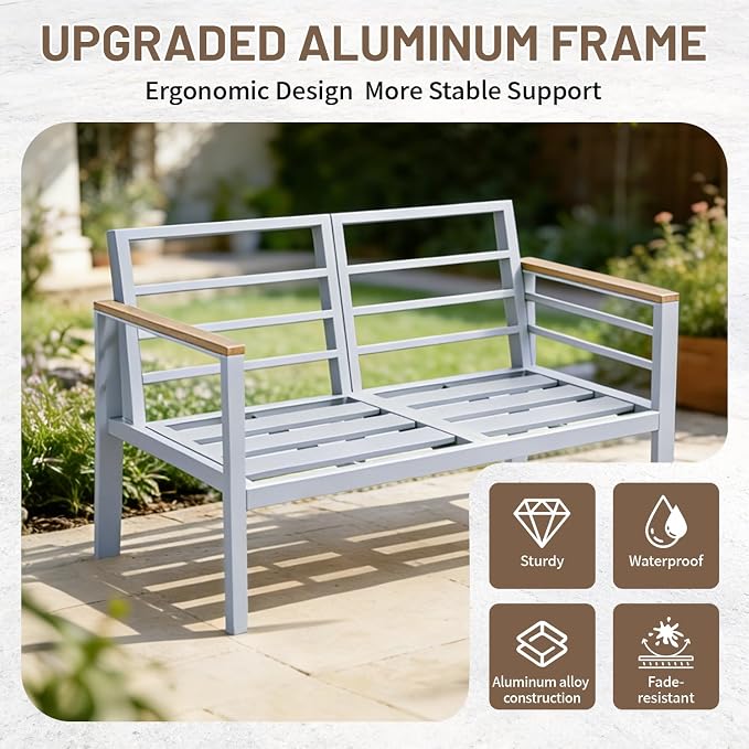 Modern All Weather Aluminum Patio Conversation Set,5 Pieces Oversized Metal Sectional Sofa Couch with Cushions and Coffee Table,Outdoor Furniture for Backyard,Porch,Garden, Balcony,Deck White