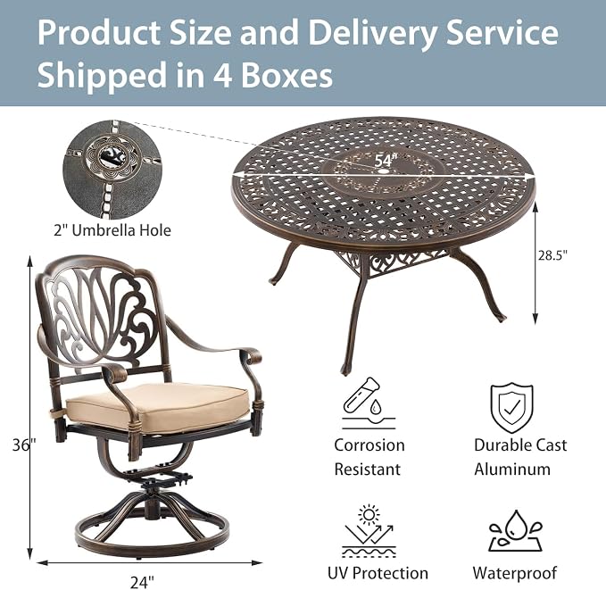 7-Pcs Cast Aluminum Patio Dining Set with 6 Swivel Chairs,Bronze | Outdoor Furniture Set Include 54" Round Dining Table and 6 Swivel Chairs with Cushions & Umbrella Hole
