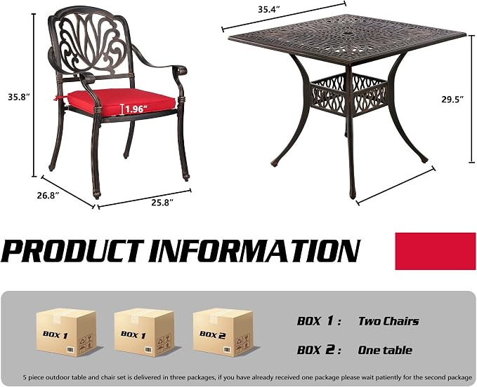 TITIMO 5-Piece Outdoor Patio Dining Set,Cast Aluminum Furniture Patio Conversation Set All-Weather Includes Square Table with Umbrella Hole for Patio Garden Deck, Flower Design (Red)