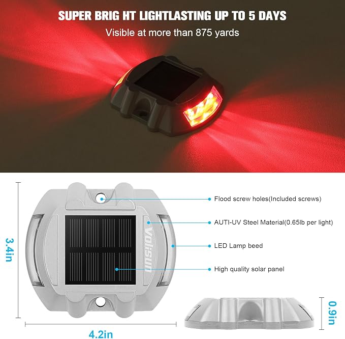 VOLISUN Solar Deck Driveway Dock Lights,Solar Pathway Lights,Red 4 Pack | Solar Powered LED, IP68 Waterproof Led Outdoor Warning Step Marine Lights for Sidewalk Garden Yard