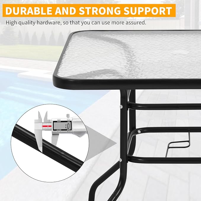 BLKMTY Outdoor Patio Table Bistro Metal Steel Frame Square Table Balcony Conversation Coffee Tables with Umbrella Hole Outside Garden Dining Tables with Tempered Glass Top, Black
