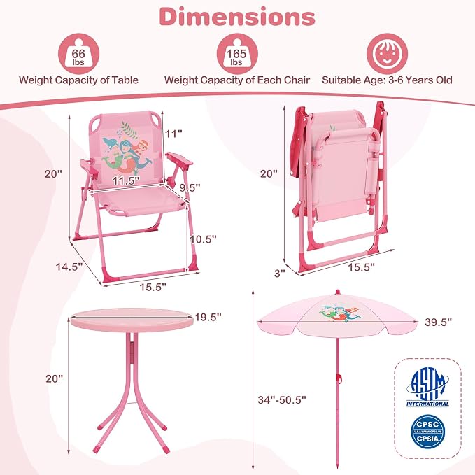 KOTEK Kids Picnic Table with Umbrella, Outdoor Table & 2 Folding Chairs, Cute Pattern Children’s Patio Furniture, Portable Kids Table and Chair Set for Backyard, Garden, Beach (Pink)