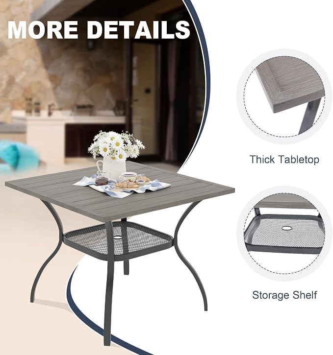 VICLLAX Patio 5 Pieces Outdoor Dining Set for 4, 38" Square Metal Dining Table with Umbrella Hole and 4 Swivel Textilene Chairs for Lawn,Garden,Porch,Grey