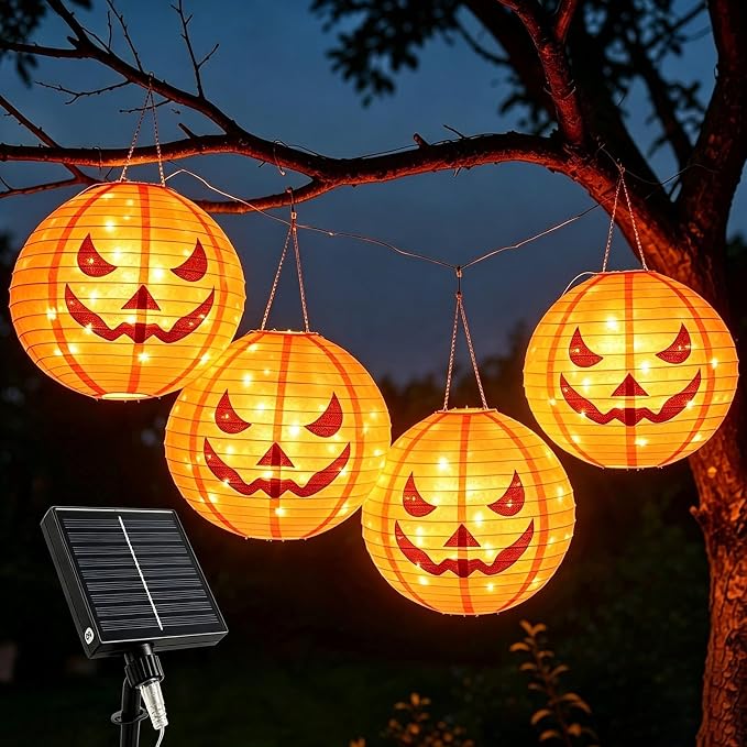 HUGSVIK 4Pcs Solar Pumpkin Lights Outdoor Hanging Halloween Decorations | 12-Inch Jack O Lantern, 160 LEDs & 8 Modes, Waterproof Outdoor Halloween Lights for Yard Porch Trick-or-Treat Party