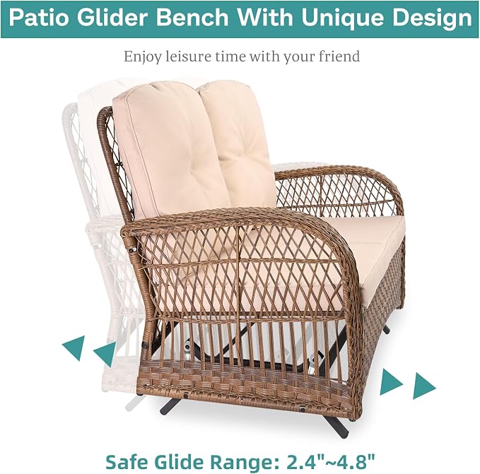 MEETWARM 5 Pieces Outdoor Wicker Patio Conversation Sets with Glider Loveseat, 2 Chairs with 2 Glass-Top Coffee Table Rocking Glider Set, Wicker Conversation Set with Thickened Cushions, Beige