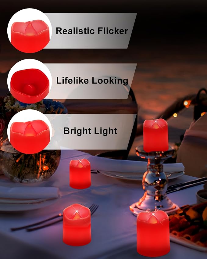 SHYMERY Flameless Votive Candles,Battery Operated LED Candle,24 Pack 200+Hour Flickering Electric Fake Candles in Red for Wedding,Table,Halloween,Festival Celebration,Christmas Decoration