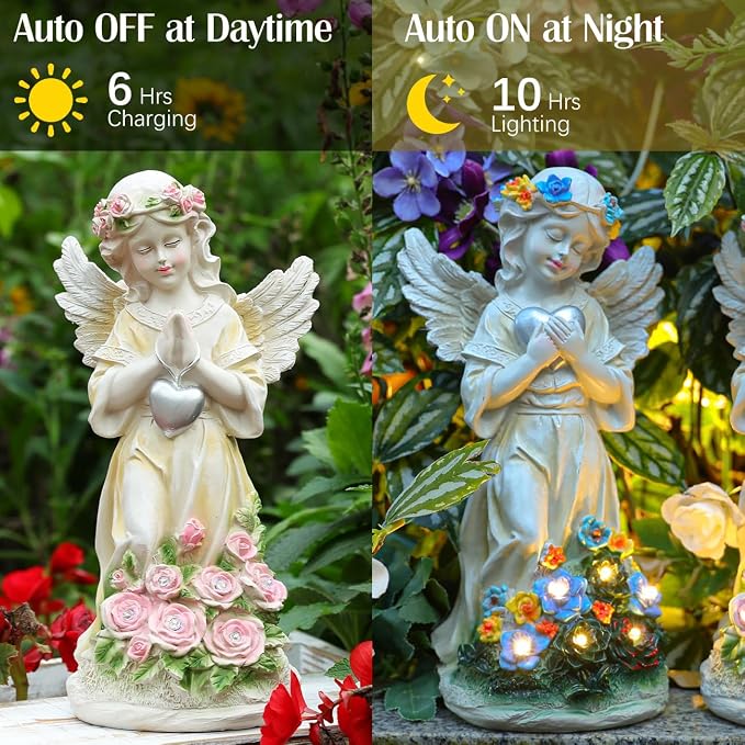 Angel Garden Statue 2Pcs,Love Heart Solar Decor with Warm Light | Waterproof Praying Angel Statue with Flowers,Outdoor Garden Decor Sculpture for Lawn Yard Patio Garden Present, Apricot