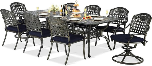 9-Piece Patio Cast Aluminum Dining Set, Outdoor Table and Chairs Set for 8, Includes 94.5" Rectangular Dining Table, 6 Stationary, 2 Swivel Dining Chairs with Umbrella Hole, Navy Blue