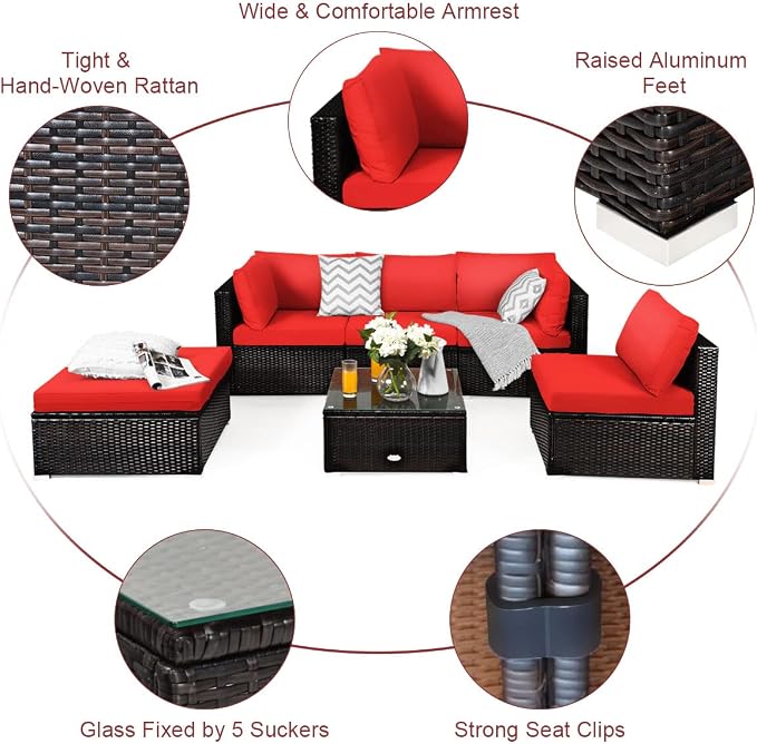 COSTWAY 6-Piece Outdoor Patio Furniture Set, Rattan Sectional Sofa Set with Tempered Glass Coffee Table, Cushions and Ottoman for Garden, Deck, Backyard (Red)