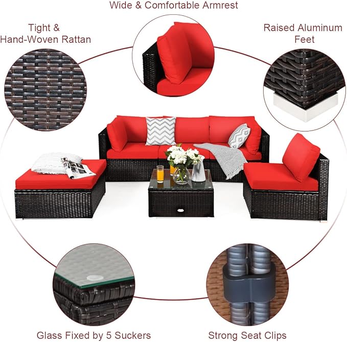 RELAX4LIFE 6-Piece Patio Sofa Set - Outdoor Sectional Sofa Set Wicker Conversation Set w/Table & Removable Cushions, Modular Sofa Set Patio Furniture for Backyard, Poolside, Balcony (Red)