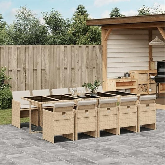 Afuera Living 11-Piece Poly Rattan Patio Dining Set, Beige Finish, Tempered Glass Table, Foldable Chairs with Removable Cushions, UV-Resistant, Modern Design for Outdoor Garden or Terrace Dining