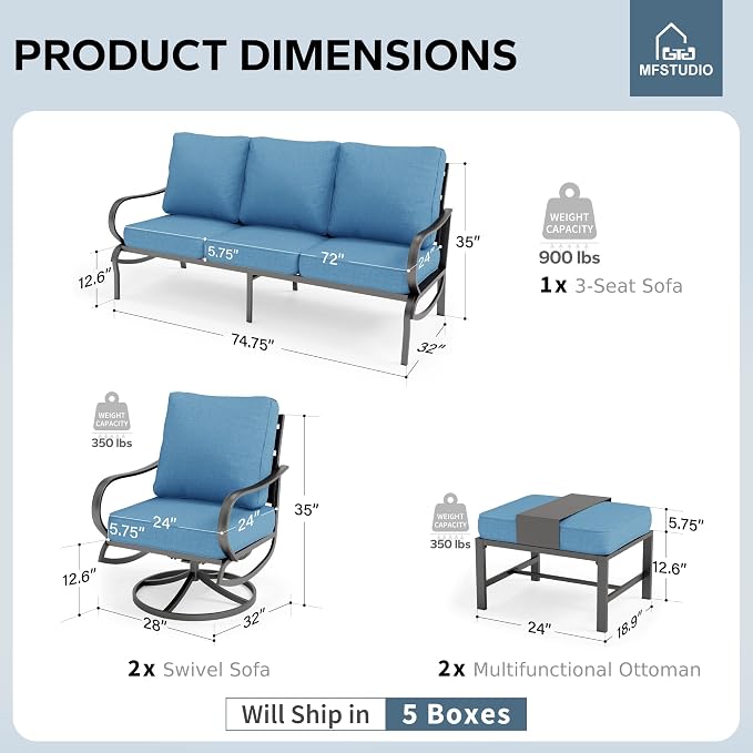MFSTUDIO 5 Pieces Patio Conversation Sets,Outdoor Metal Furniture Sofas with 1 x 3-Seat Sofa, 2 x Swivel Chairs,2 x Ottoman,Wrought Iron Frame with Navy Cushion for Patio Courtyard Balcony