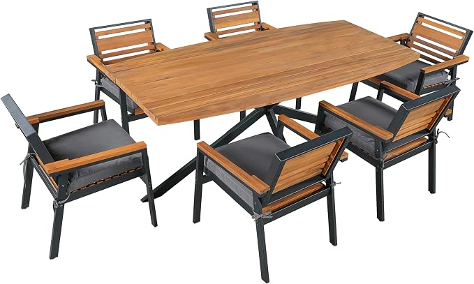 VilroCaz Outdoor 7-Piece Patio Dining Set, Acacia Wood with Iron Frame, All-Weather Rectangle Table and 6 Chairs with Dual-Layer Iron & Wood Seat Frame and Cushions for Backyard Poolside (Gray-5.14G)