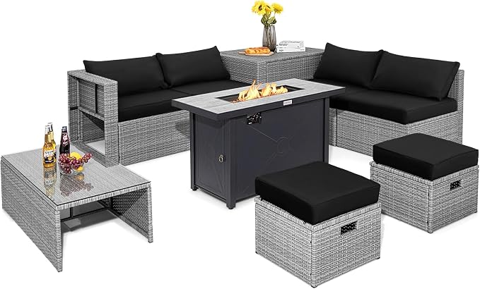 Tangkula 9 PCS Patio Furniture Set with 42” 60,000 BTU Fire Pit, Outdoor Space-Saving Sectional Sofa Set with Storage Box, Waterproof Covers Included (Black)