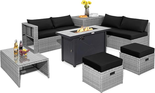 Tangkula 9 PCS Patio Furniture Set with 42” 60,000 BTU Fire Pit, Outdoor Space-Saving Sectional Sofa Set with Storage Box, Waterproof Covers Included (Black)