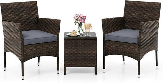 RELAX4LIFE 3-Piece Patio Furniture Set - Rattan Wicker Outdoor Conversation Set w/Cushions & Glass Coffee Table, Balcony Furniture for Porch Garden Backyard, Bistro Table and Chairs Set of 2 (Grey)