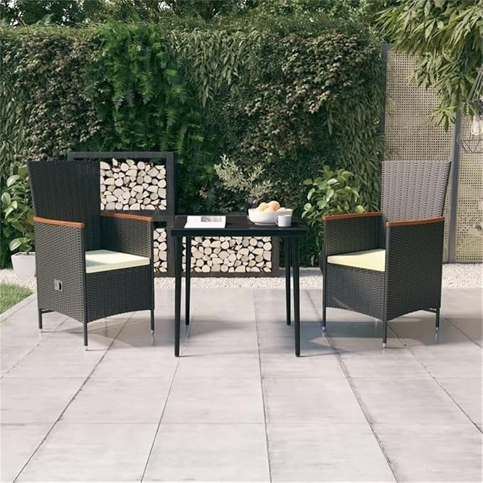 Afuera Living 3-Piece Garden Dining Set, Black and Cream White, Steel Frame with PE Rattan, Cushioned Reclining Chairs, Outdoor Patio Furniture for Small Balconies or Terraces