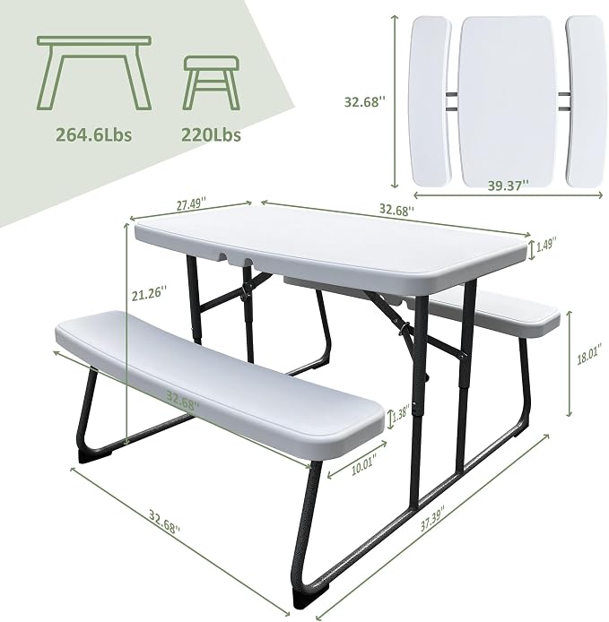 Elevon Folding Picnic Table with Benches, Outdoor Picnic Table HDPE Tabletop & Steel Frame, Ideal for Yard Patio Lawn Party, White
