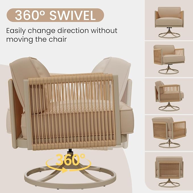 EROMMY 4 Piece Patio Furniture Set, Metal Frame Outdoor Swivel Glider Rocking Chairs with 6" Thick Cushions, Loveseat & Coffee Table, Patio Conversation Sets for Backyard, Poolside & Balcony, Beige