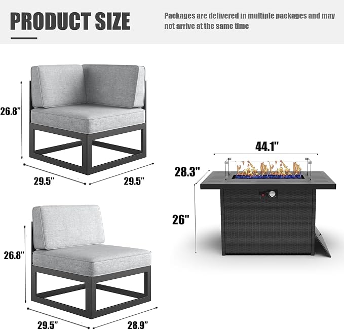 LayinSun Large Aluminum Patio Furniture Set with Fire Pit Table, 6 Pieces Modern Outdoor Conversation Set Sectional Metal Sofa Set with Olefin Cushion