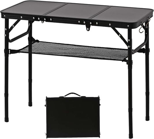 YihuiKo Folding Picnic Table with Storage Net, Matte Black Aluminum Folding Table 35" x 16", Adjustable Height Max 27.5", Lightweight Portable for Camping Travel