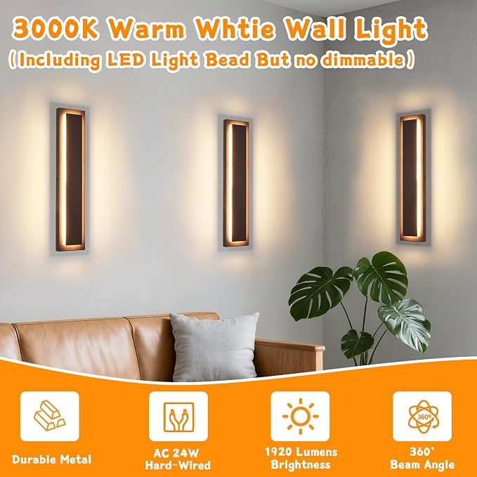 24 in Brown Long Outdoor LED Wall Lights,Outside Light Fixtures | Modern Exterior Garage Wall Light For House Patio,Front Porch, IP65 Waterproof, LED 3000K Warm White 24W Light Bead, 1 Pack