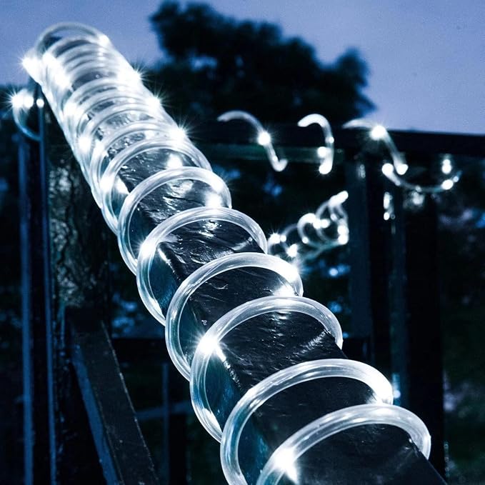 ANJAYLIA 66FT 200 LED Waterproof Outdoor Solar Rope Lights, Cold White | Solar Powered Rope Lights With 8 Modes, Remote, Timer, Dimming, Auto On/Off For Garden, Deck, Patio, and Holiday Decor