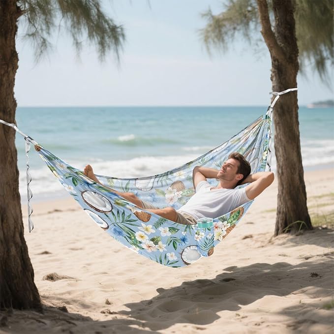 Camping Hammock Outdoor Hammocks for Outside Coconut Tropical Flowers Beach Trees Portable Lightweight with Pockets Tree Straps Indoor