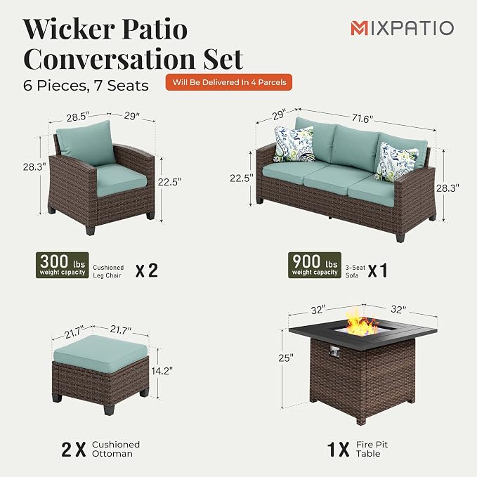 MIXPATIO Patio Furniture Set, 6 Pcs Wicker Rattan Outdoor Conversation Set, 2 x Leg Chairs, 1 x 3 Seater Sofa and 2 x Ottoman with 4" Thick Cushion and 32" Fire Pit Table, Blue