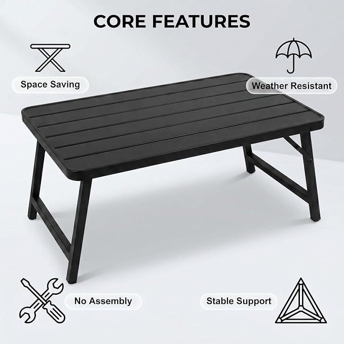 Outdoor Folding Coffee Table, 35.43 × 17.72 × 15.35 Inch Foldable Iron Patio Table, Weather-Resistant, No Assembly Required Black