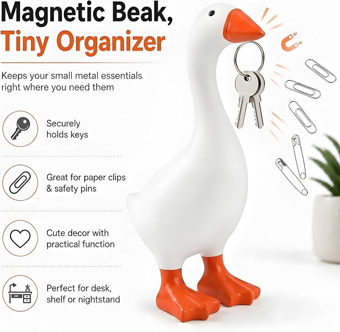 Funny 7 Inch Beak Desk Goose Statue, Cute Mini Porch Goose Figurine, Small Desk Duck with Key Holder Function, Novelty Table Organizer & Gift for Friend Family Colleague Schoolmate.