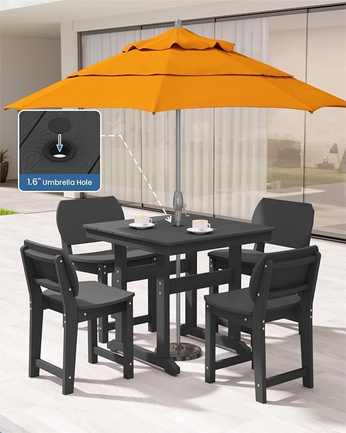 5-Piece HDPE Outdoor Dining Set, Weatherproof Patio Table and Chairs Set for 4, Includes 1 Square Table and 6 Armless Chairs, with Umbrella Hole (Black)