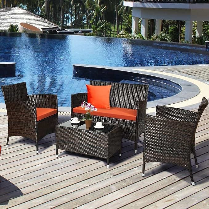 HOMGX 4 Piece Rattan Patio Furniture Set, Sectional Sofa Chair, Wicker Set with Tempered Glass Coffee Table & Thick Cushions, Wicker Patio Set for Garden, Lawn, Poolside, Backyard (Orange)