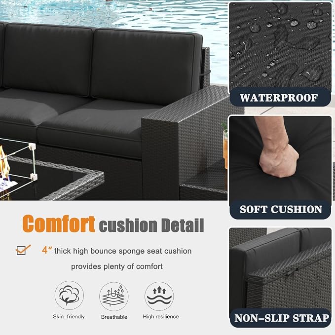 Patio Furniture Set with Fire Pit Table, 13 Pieces Outdoor All-Weather Wicker Conversation Sectional Chair Sofa Set