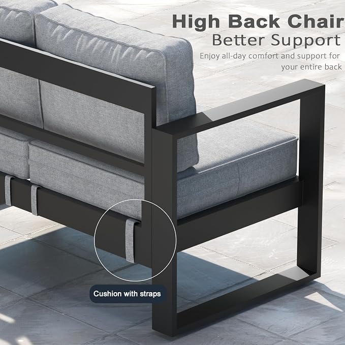 LayinSun 4 Pieces Aluminum Outdoor Patio Furniture Set, Metal Modern Conversation Sofa Set with Coffee Table and Washable Thick Cushions for Porch, Backyard, Deck