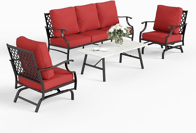 SUNSHINE VALLEY 4 Piece Metal Outdoor Patio Furniture Set, Patio Conversation Set 1 3-Seater Sofa, 2 Rocking Chair with 5.75" Extra Thick Cushion and Coffee Table, Black Frame Backyard Furniture, Red
