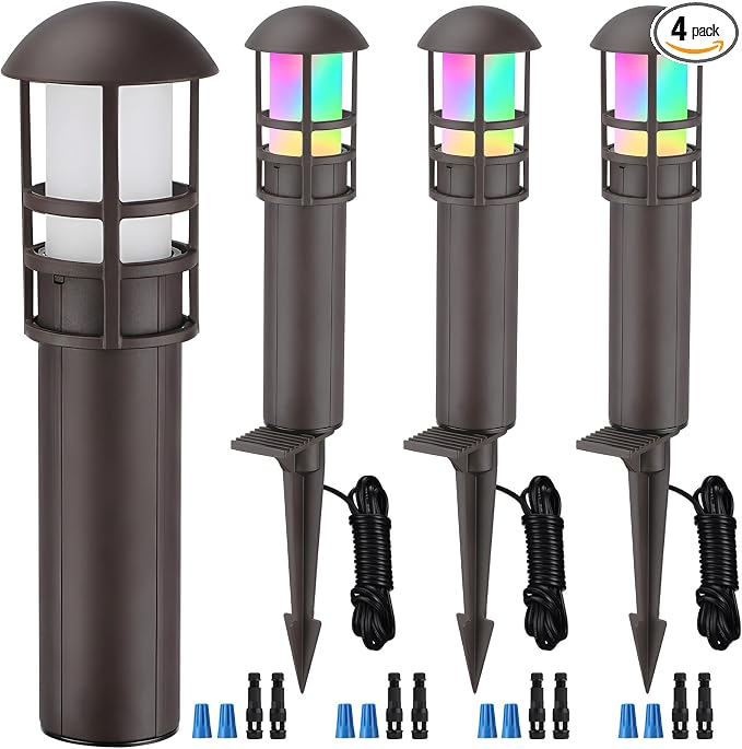 LEONLITE 4-Pack RGBCW Low Voltage Landscape Pathway Lights, 3W, CRI90 | Color Changing, 12-24V AC/DC, Aluminum, ETL, Multi-Color, Low Voltage LED Bollard Path Lights, for Walkway Yard Garden