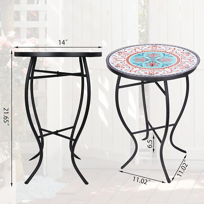 VCUTEKA Patio Side Table, Mosaic Outdoor Side Table 14" Round Small Accent Table Indoor End Table for Yard, Garden, Living Room, Bistro Balcony or Lawn