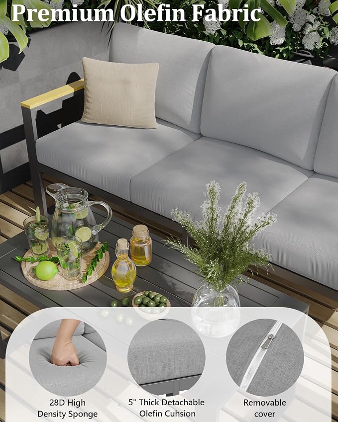Garvee Aluminum Outdoor Patio Furniture Set with Coffee Table | 5 Piece Patio Conversation Sets with Washable Thick Cushions, Outdoor Sectional Furniture Set for Porch, Balcony, Deck, Yard,