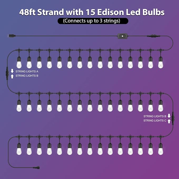 Mlambert Multicolor 144FT(3x48FT) LED Patio String Light with Remote, Black | Plug in, 8 Lighting Modes, 45+6 S14 RGB Edison Bulbs, Dimmable, Shatterproof, Waterproof, Connectable, for Bistro Balcony