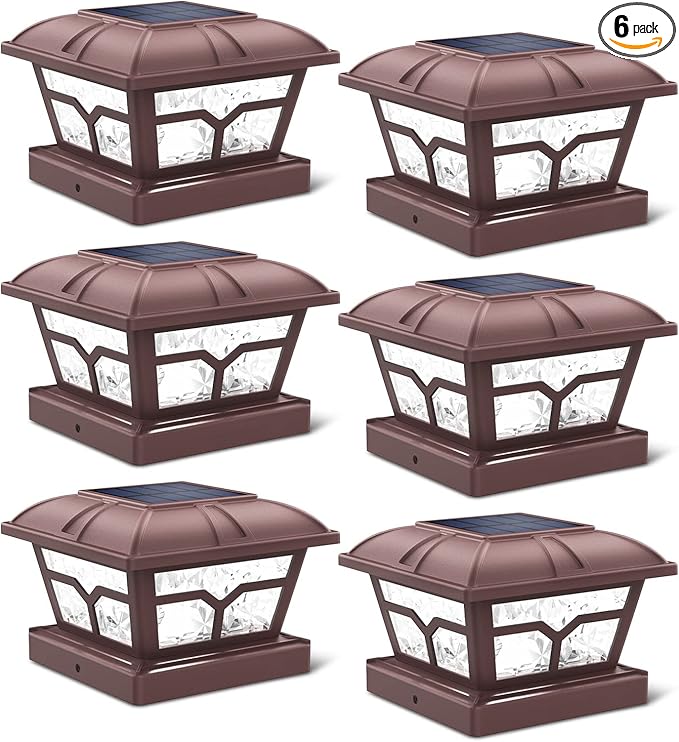 SIEDiNLAR Solar Post Cap Lights Outdoor 2 Color Modes 8 LEDs for 4x4 5x5 6x6 Posts Fence Deck Patio Decoration Warm White & Cool White Lighting Brown (6 Pack)