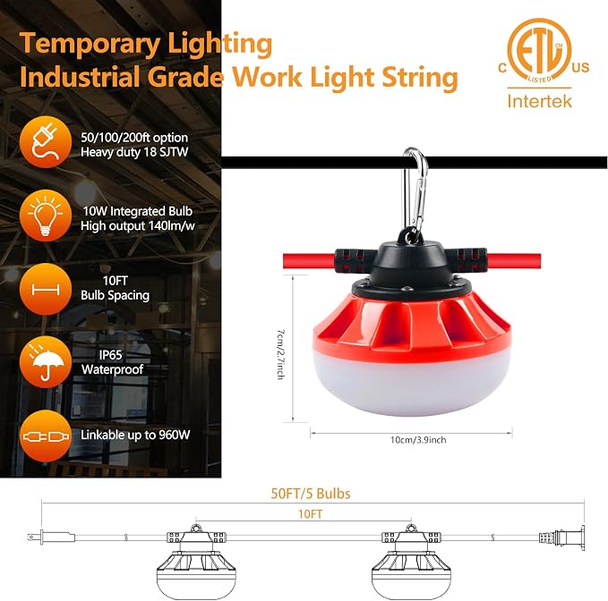 LED Construction Light, Christmas String Lights,200FT,2Prong | 20000LM Industrial LED Work Lights, Super Bright Temporary Lighting for Job , Work,Outdoor, Indoor