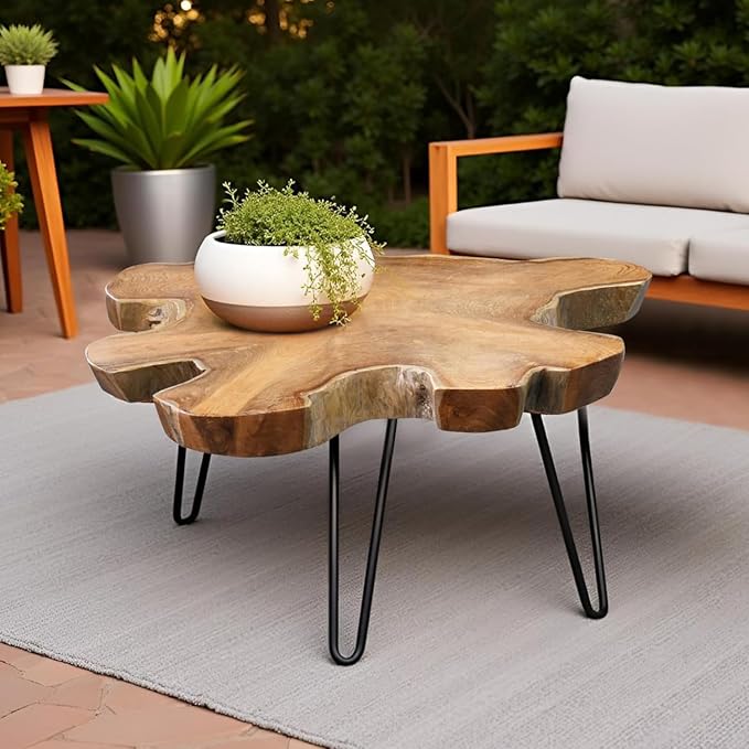 Teak Wood Live Edge Coffee Table 31"x29"x21"H Rustic Outdoor Patio Wooden Couch Sofa End Tables for Dining Living Room Accent Vintage Farmhouse Side Table for Bedroom Home Decor