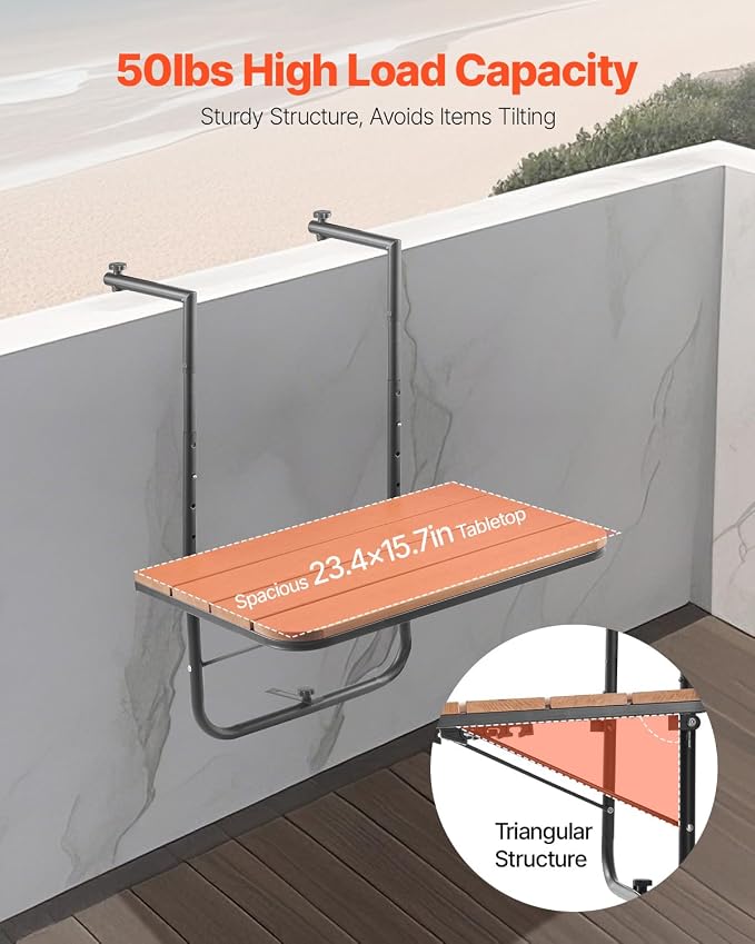 VEVOR Balcony Hanging Table, 23 x 16 inch, Outdoor Balcony Bar Table for Railings, 4-Level Adjustable, Fit Railing from 1" to 5.5", Serving Table for Patio & Deck
