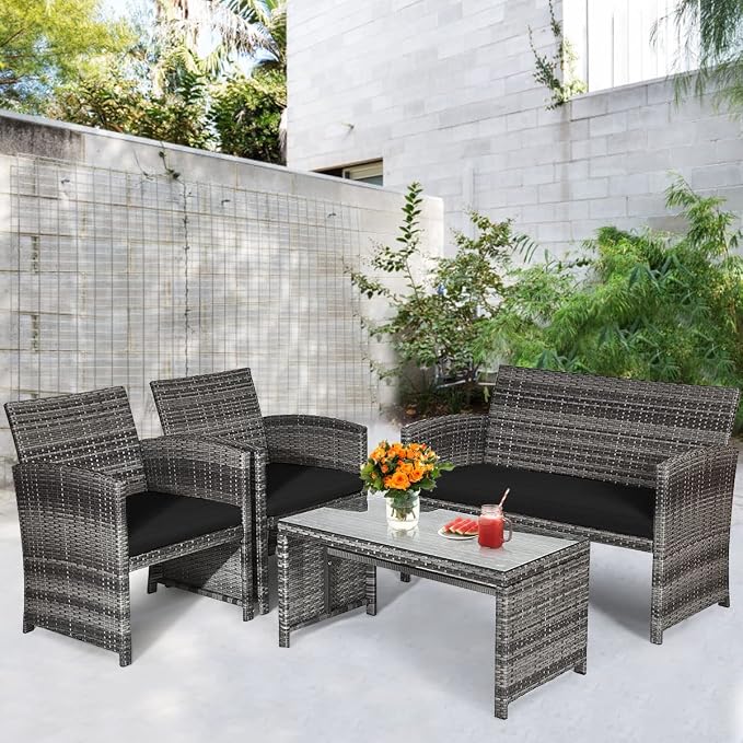 Outdoor Conversation Set, 4 Pieces Wicker Patio Furniture Set with Ergonomic Curved Design, Patio Chair Set with Water-Resistant Cushion & Tempered Glass Table for Balcony,Porch(Black)