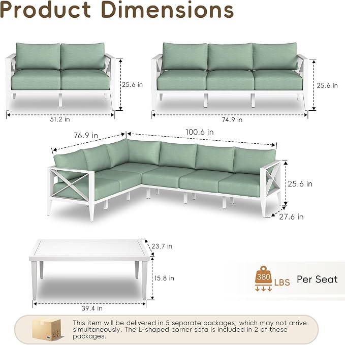 Large Patio Furniture Set Outdoor Sectional Sofa Conversation Set with Cushions, Aluminum Outdoor Furniture for Backyard Deck Garden